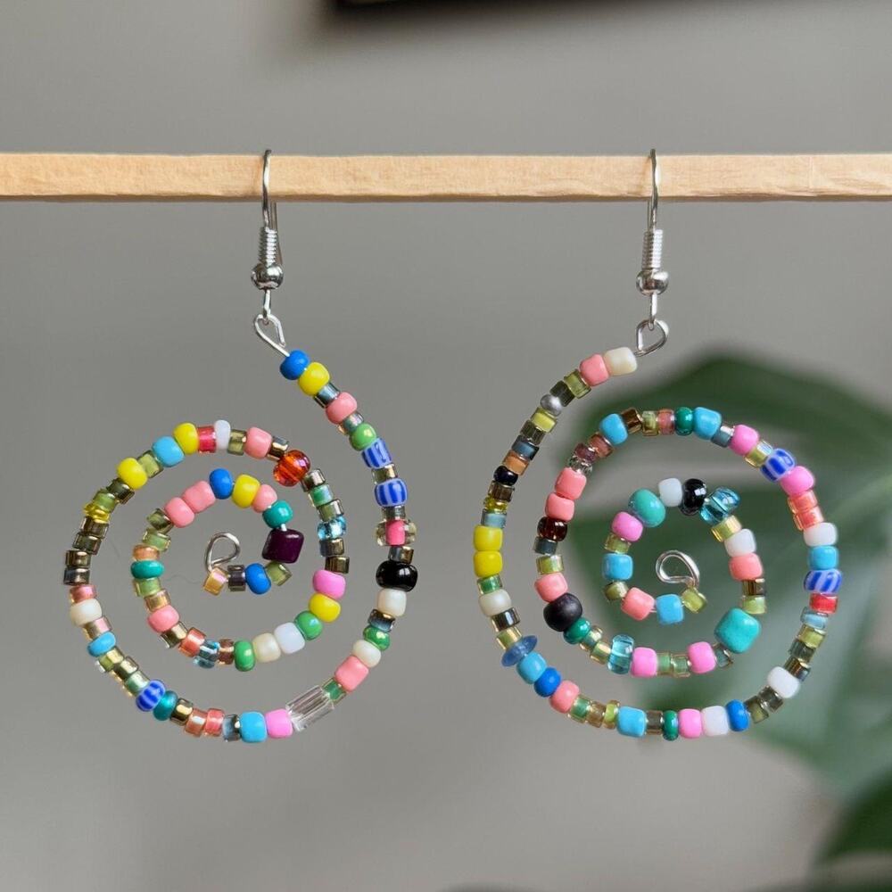 Handmade colorful beaded spiral earrings